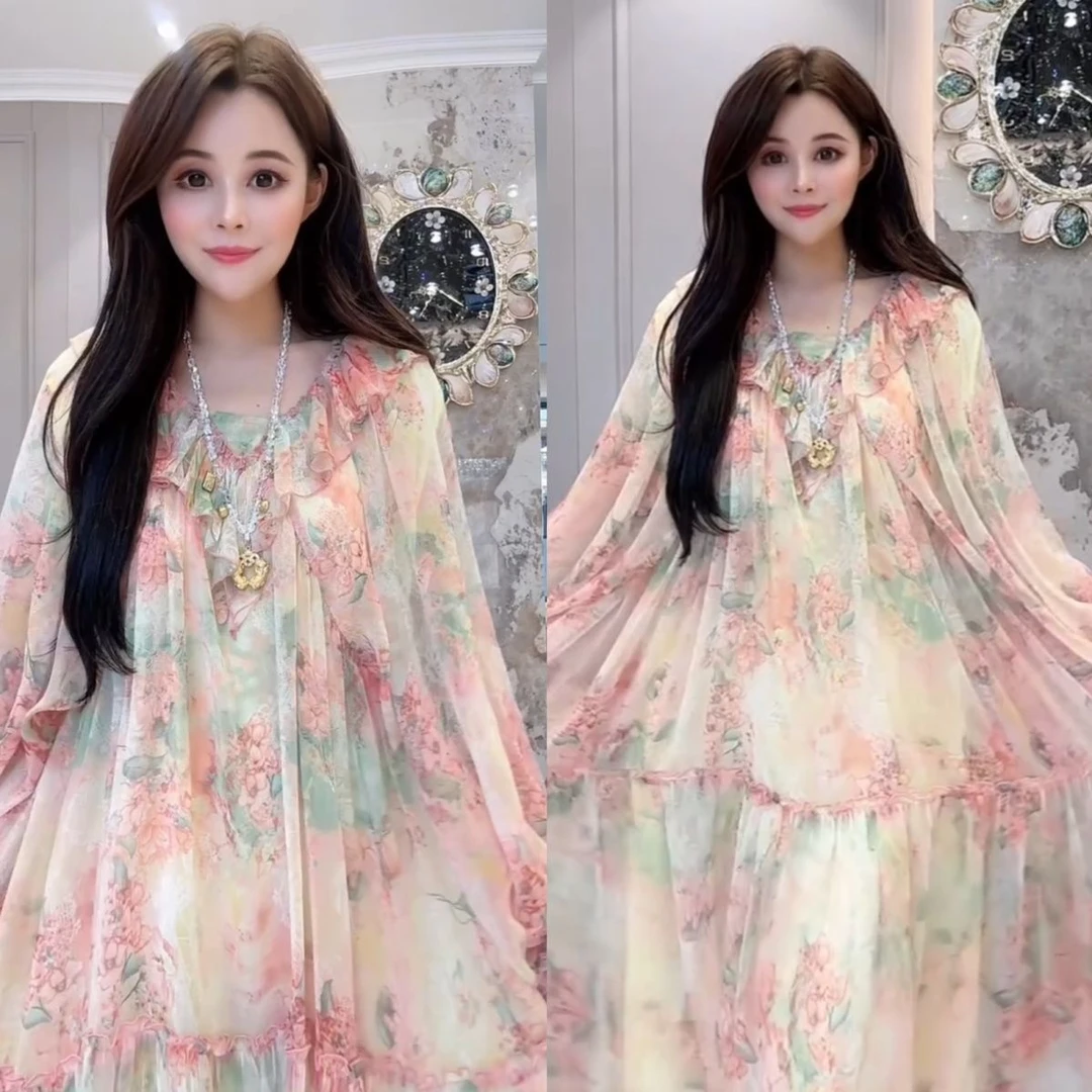 8803气质法式宽松印花柠檬黄连衣裙新款碎花时尚显瘦长裙夏季仙女