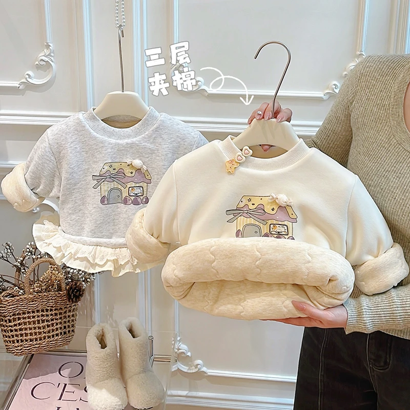 女童秋冬季三层夹棉加厚棉衣女宝宝长袖卫衣儿童保暖上衣童装潮款