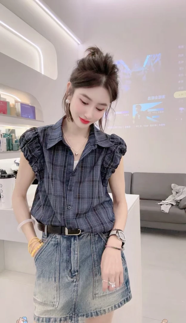 58欧洲站夏季新款时尚格子polo领衬衫女洋气纽扣开衫短袖上衣潮