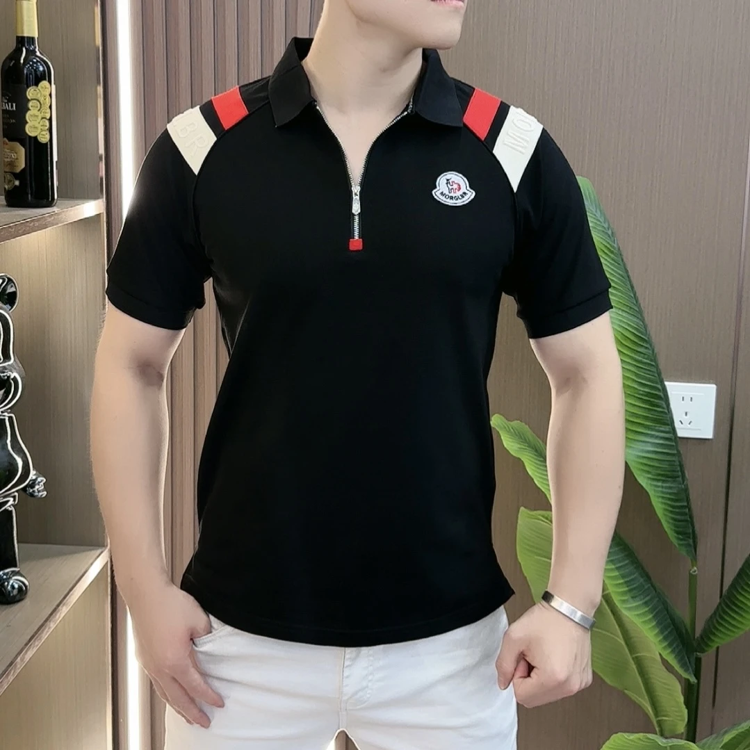 老人头2025夏季新款男士翻领高端轻奢半拉链拼色polo领T恤
