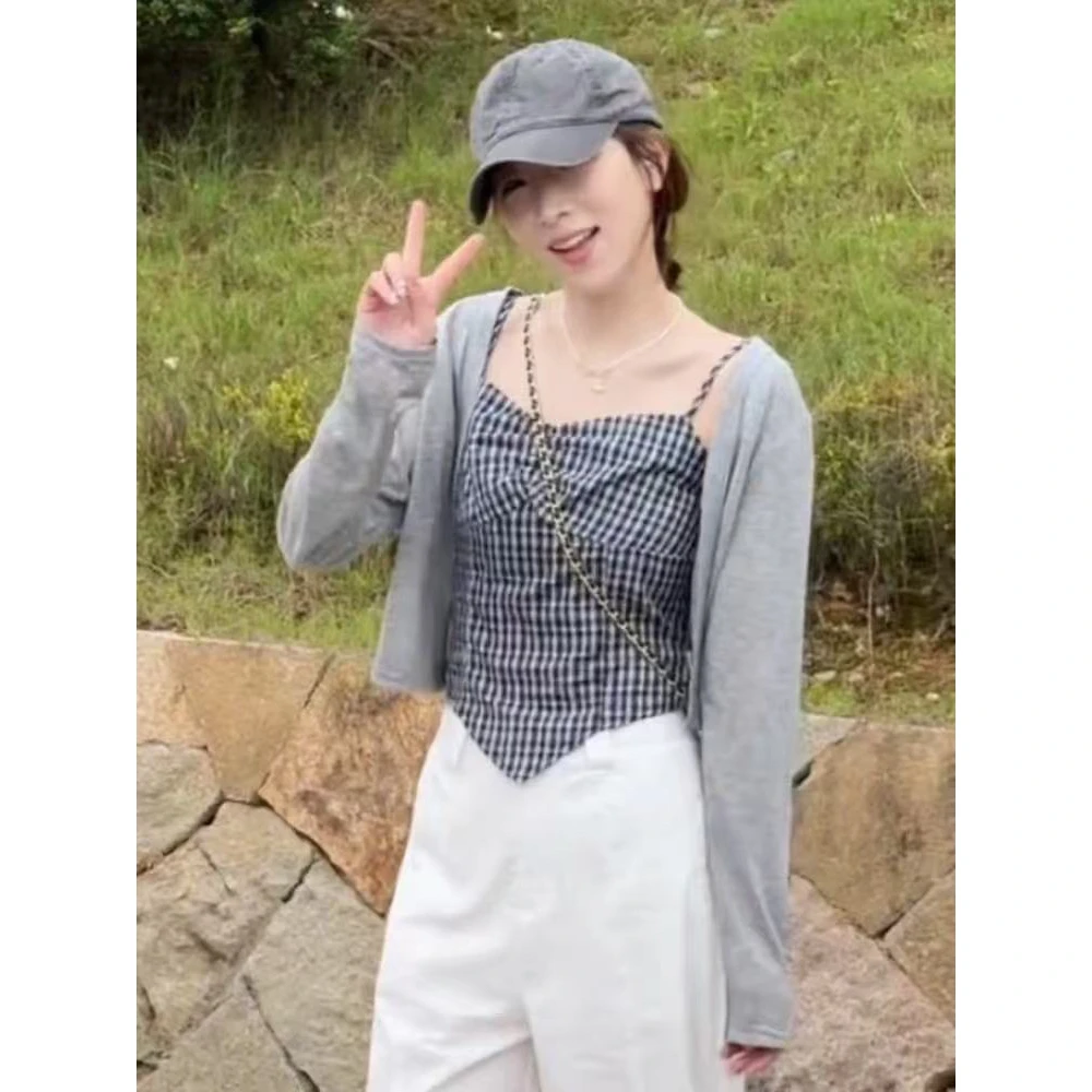 【婷婷家】小个子夏季不规则格纹吊带+开衫两件套#5093