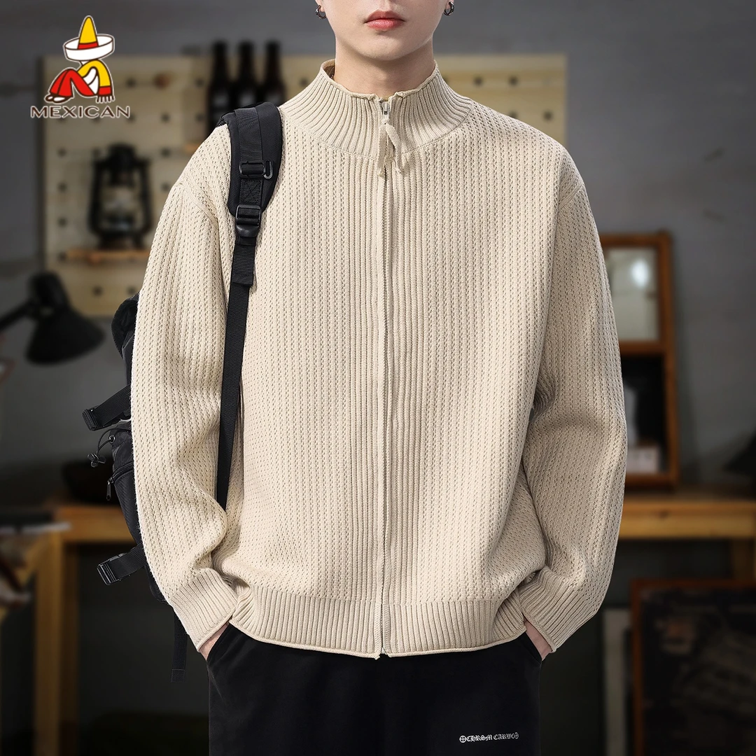 Mexican/稻草人冬季肌理感开衫毛衣男款半高领毛线衣保暖针织外套