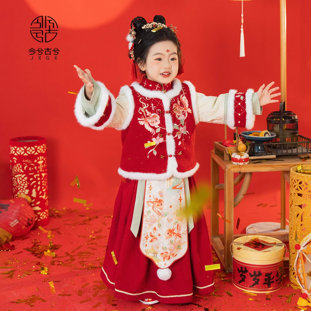 【冬晴】今兮古兮女童冬季古风汉服儿童国风拜年服红色新年加厚古装