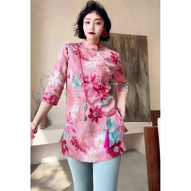 新中式国风立领印花衬衫女欧洲站2025夏季新款气质中长款盘扣上衣
