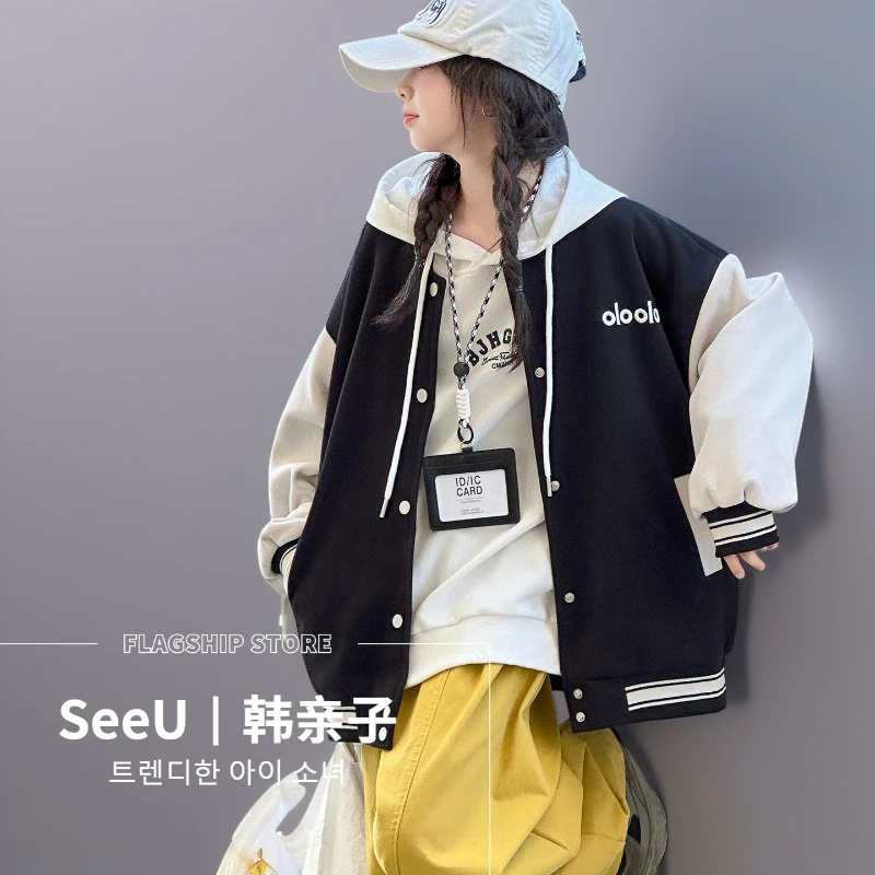 中大女童6-12岁童装字母洋气韩连帽外套休闲日常秋季秋款韩版圆领
