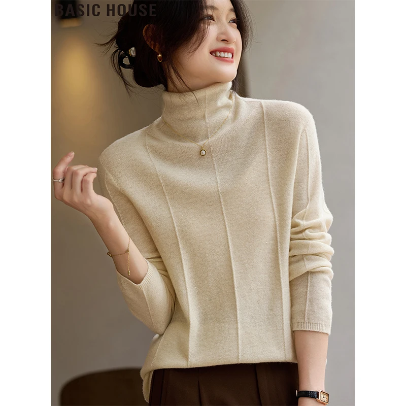 Basic House/百家好白色高领绵羊毛针织打底衫堆堆领毛衣女装秋冬