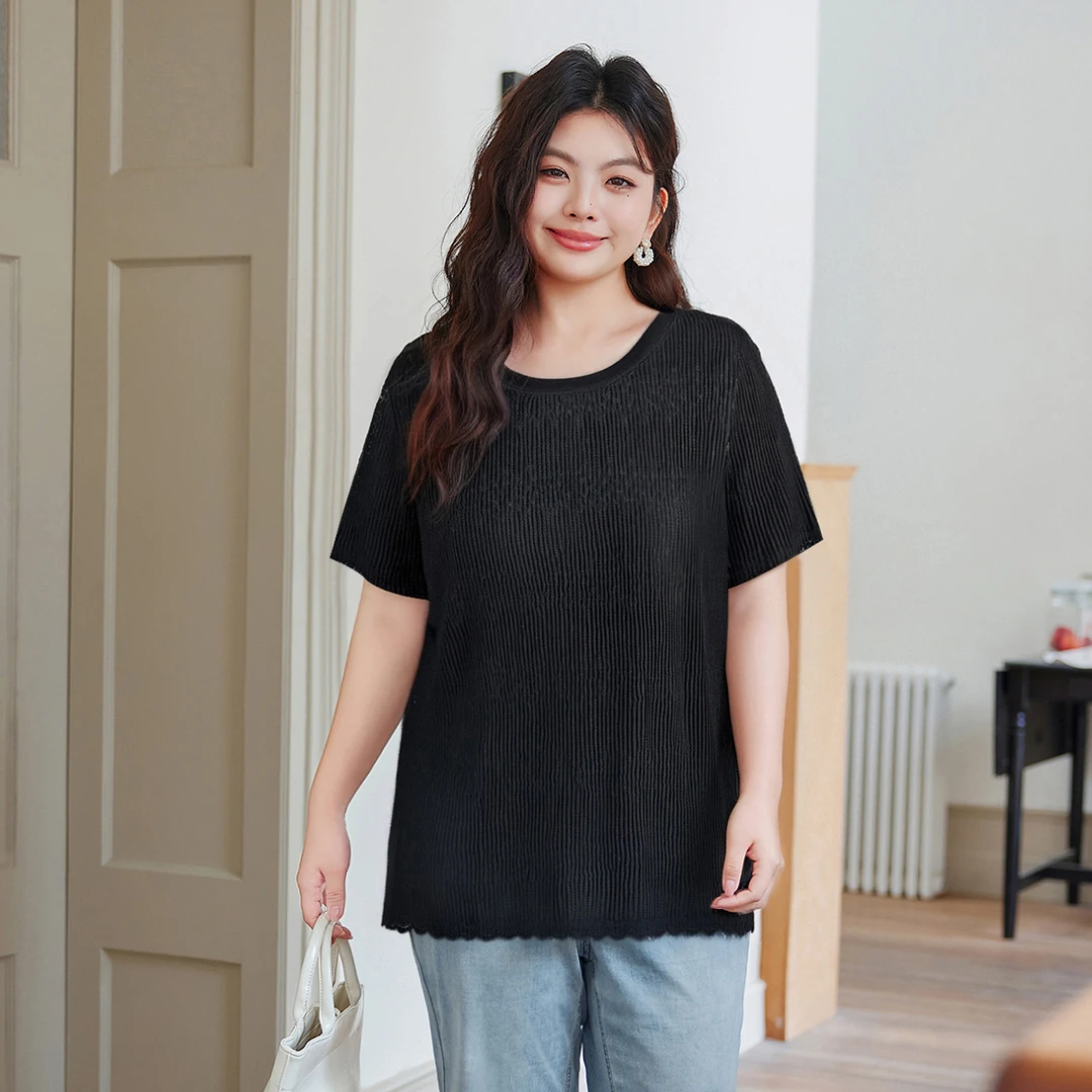 【轻薄蕾丝短袖T恤】MsShe大码女装新款秋装显瘦宽松上衣C2504003