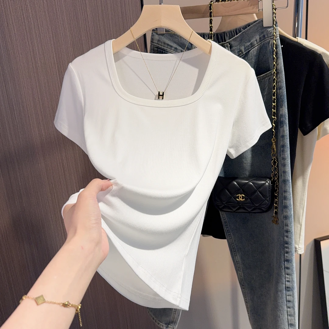 白色方领正肩短袖t恤女春夏季修身露锁骨打底衫内搭显瘦低领上衣
