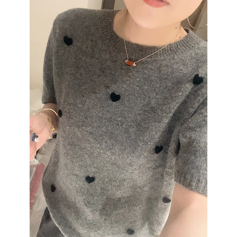 重工！（爱心）新款圆领短袖慵懒风针织衫减龄显瘦内搭外穿上衣-9690