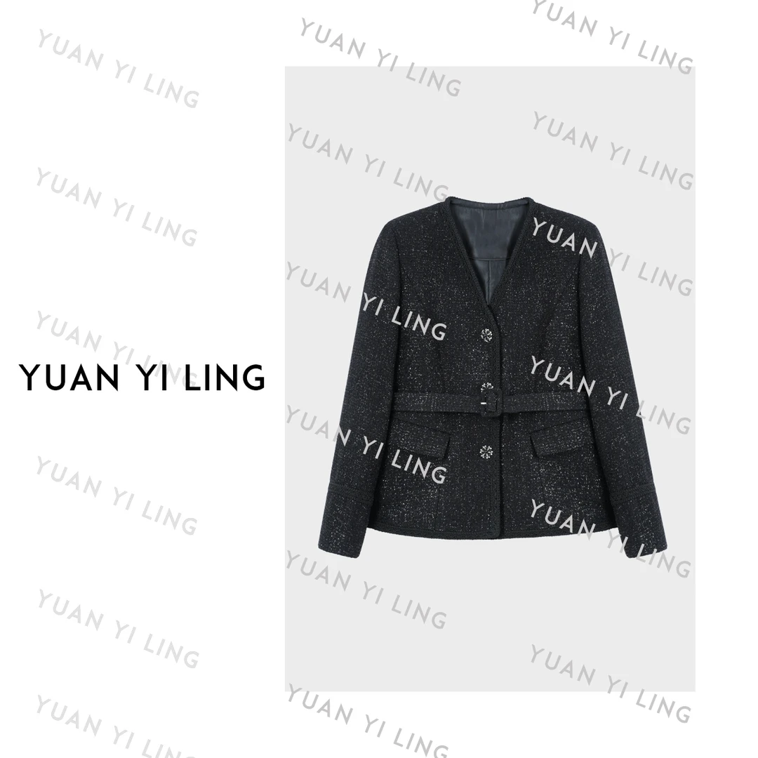 袁艺灵【经典小香】25秋冬羊毛编织小香V领长袖腰带小香风外套6069