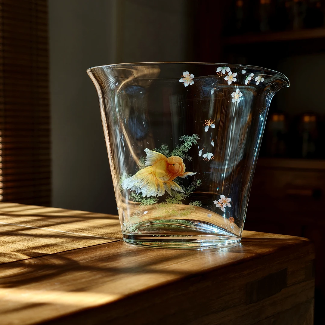 手绘玻璃茶具-高档轻奢玻璃公道杯-玉见-泰狮金鱼一物一拍