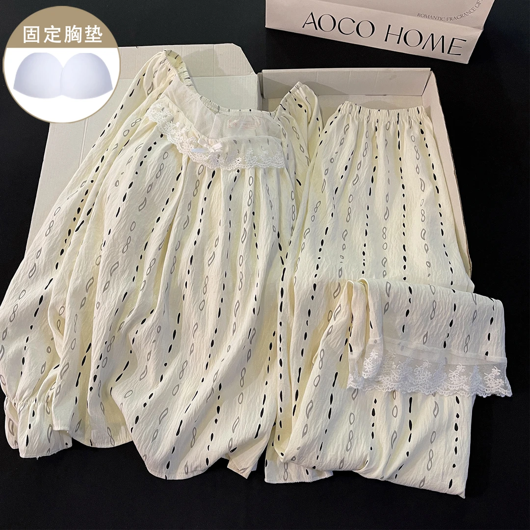 宽松带胸垫睡衣女新款春秋季蕾丝竹节条纹简约休闲秋冬家居服套装