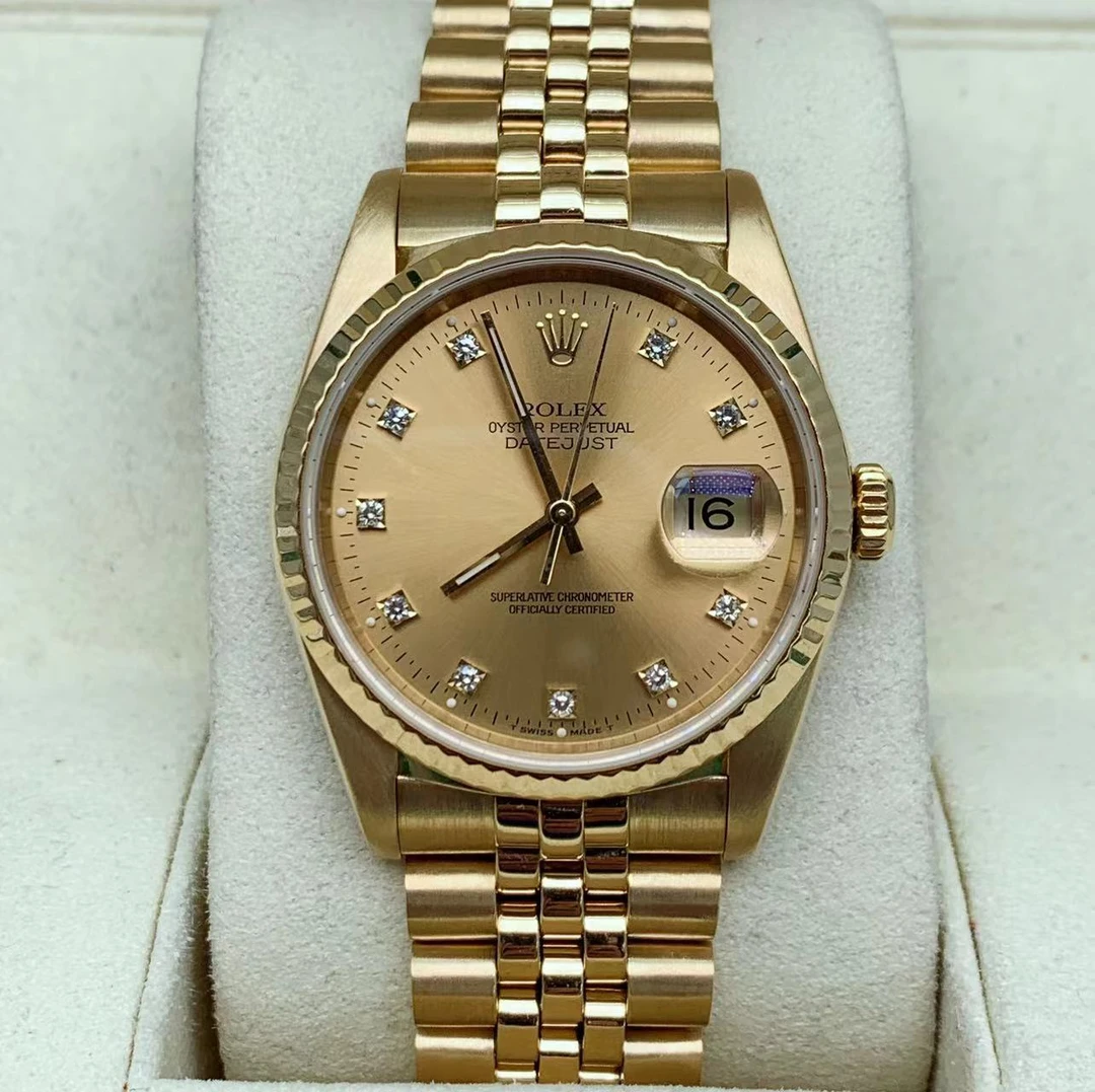 99新 Rolex/劳力士 日志16238香槟金盘面36表经原镶钻单表