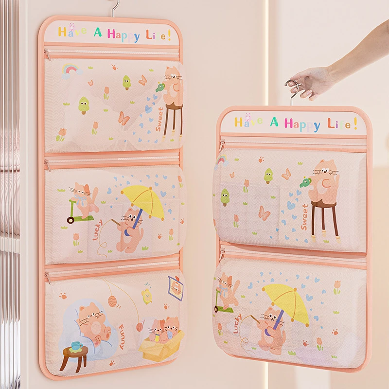 粉色猫咪内衣收纳袋宿舍衣柜多层可视化挂钩置物袋