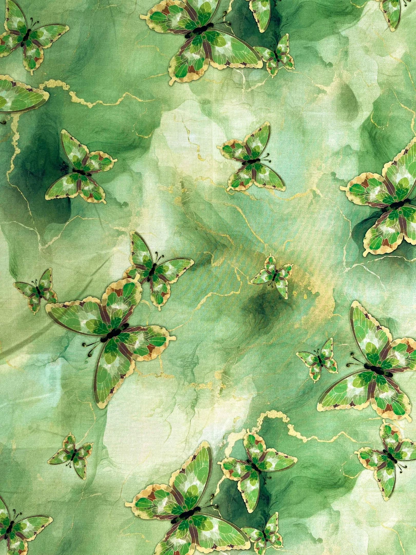 高支丝光棉贡缎 翡翠绿蝶 数码印花面料新工艺连衣裙旗袍柔软透气