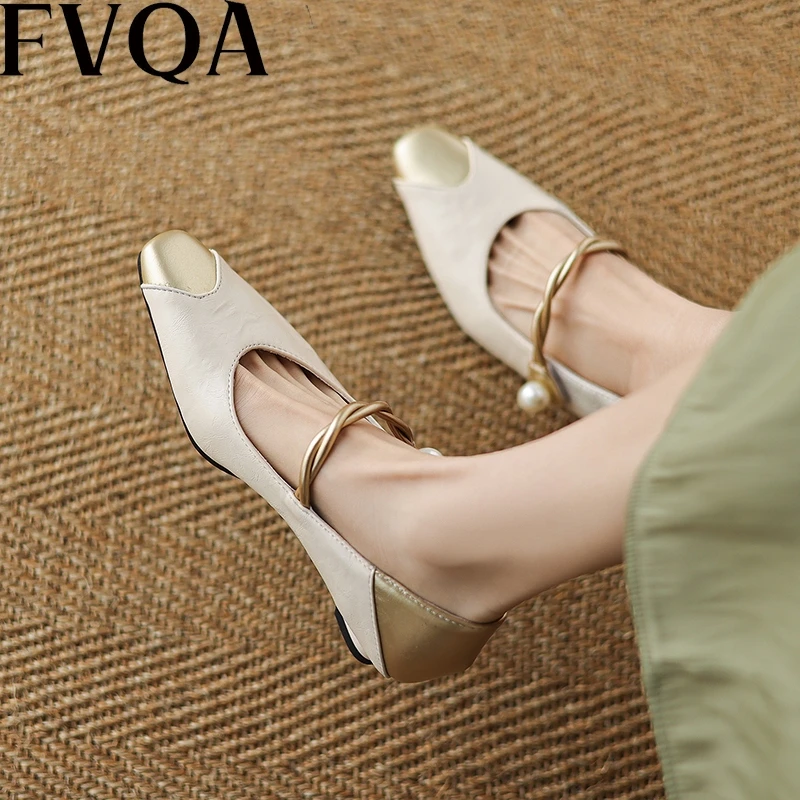 FVQA40-43浅口单鞋女2025新款方头时尚拼色百搭一字扣玛丽珍鞋