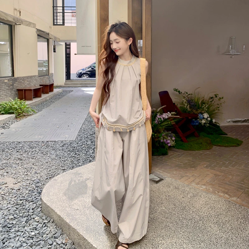 松弛感穿搭套装裤女2025夏季新款手工贝壳编织设计感无袖背心长裤