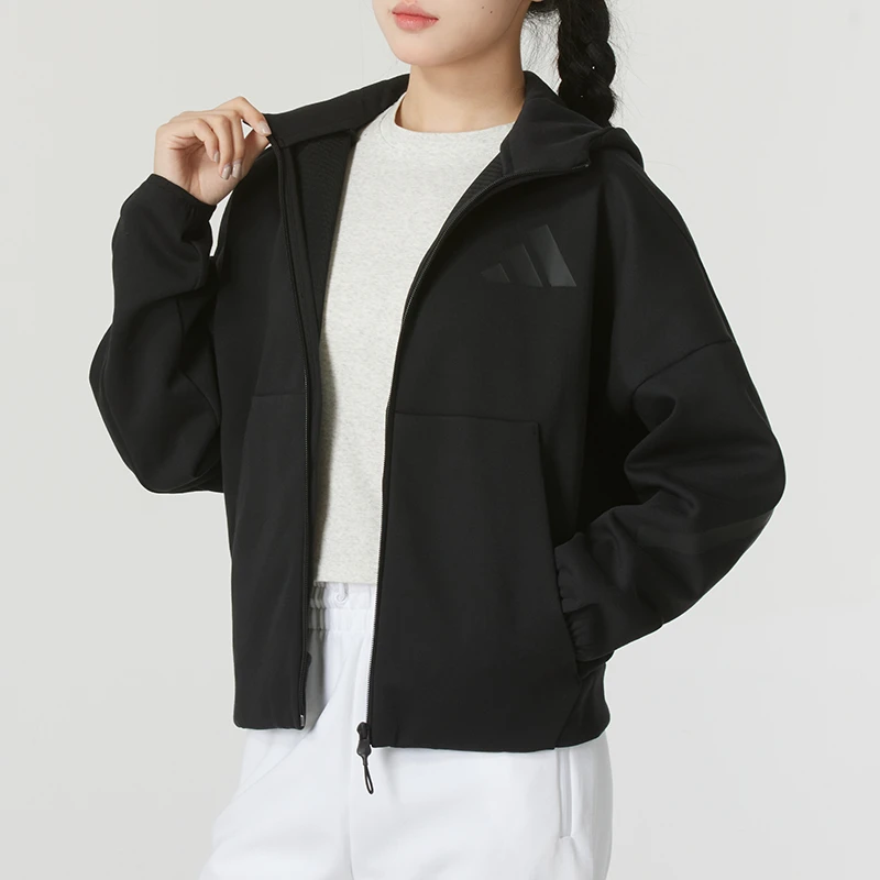 adidas/阿迪达斯正品秋季新款女子针织夹克短款运动休闲连帽外套