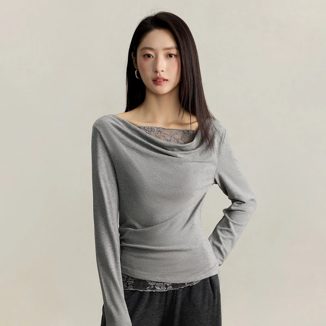 法式蕾丝拼接一字领红色T恤女2025秋季时尚别致修身显瘦上衣