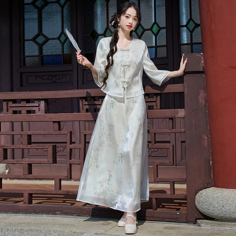 新中式文艺古典V领印花斜襟盘扣上衣复古国风半身裙仙气套装8010