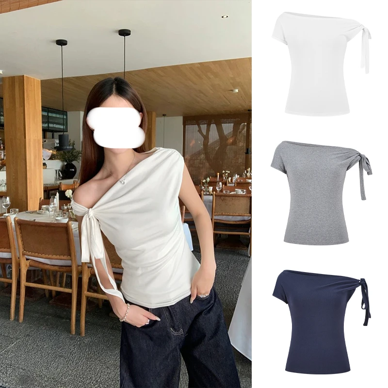 Moses Queen/魔西女王斜肩上衣夏季白色甜美小众收腰显瘦短袖t恤