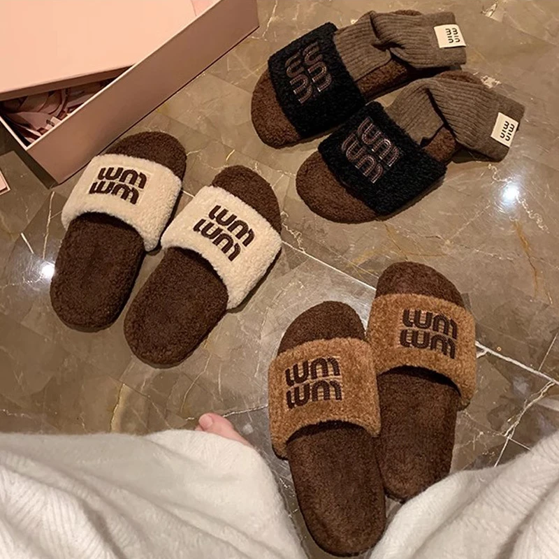 厚底爆火时尚秋冬流行毛绒风可外穿加厚百搭绒女士一字带平底加绒