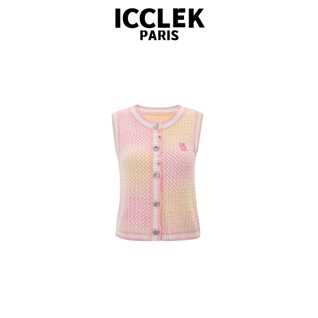 ICCLEK 粉色圆领开襟无袖针织背心 百搭 时尚 -5410