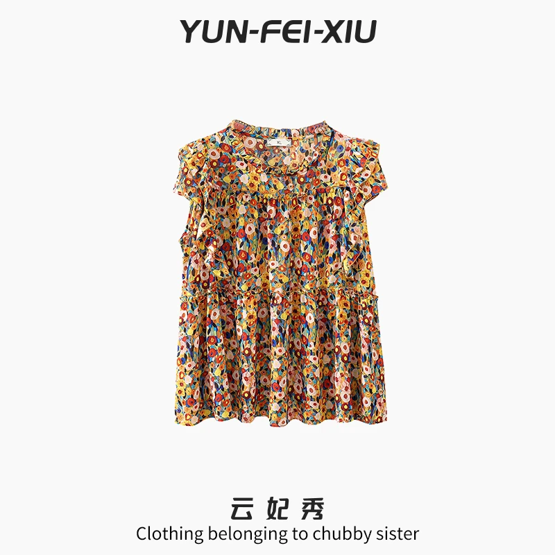 云妃秀大码女装T恤时尚宽松显瘦遮肉胖妹妹无袖褶皱印花夏季80130