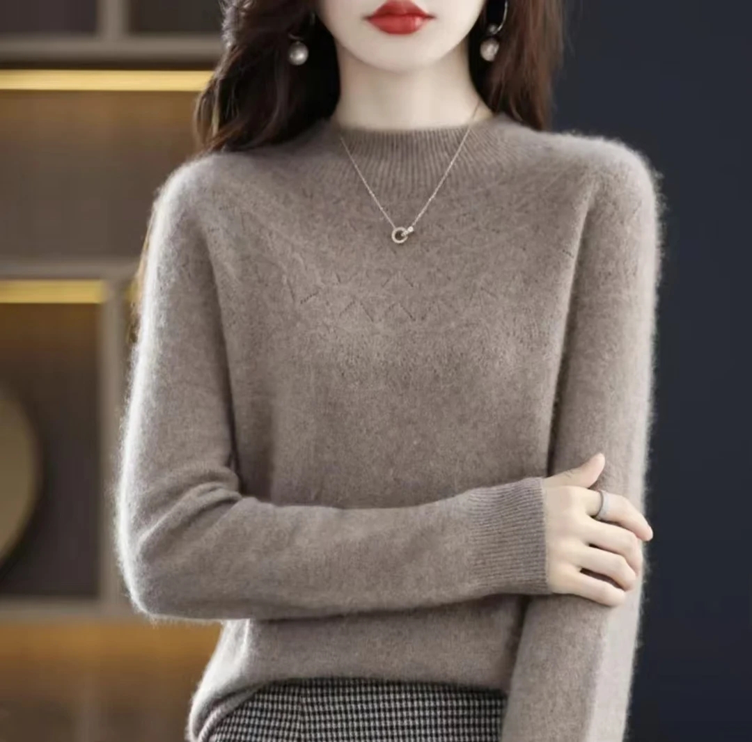 【天衣无缝】2025新款100%羊毛法式设计感钩花洋气半高领打底衫