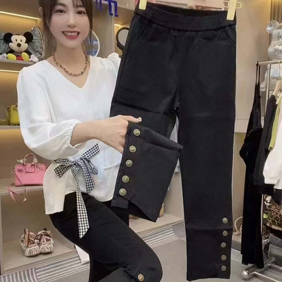 高腰显瘦修身纽扣八分裤小脚裤