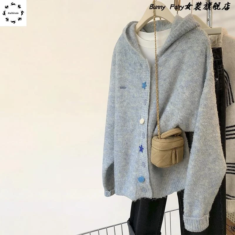 灰色连帽毛衣外套女秋冬冬季外穿2025新款宽松慵懒风针织开衫上衣