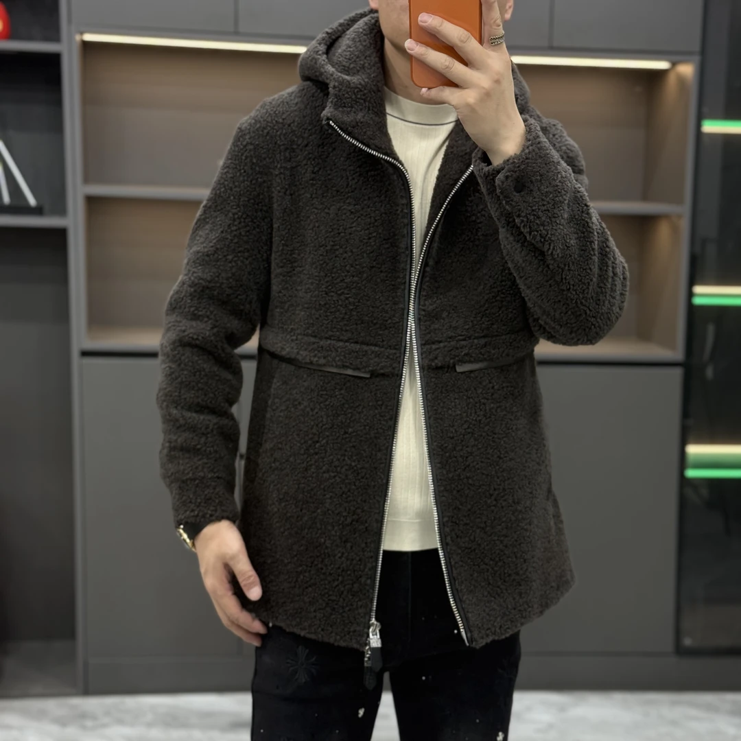（鑫赏轻奢）冬季男款100%颗粒状羊毛外套一手长连帽羊毛外套25226