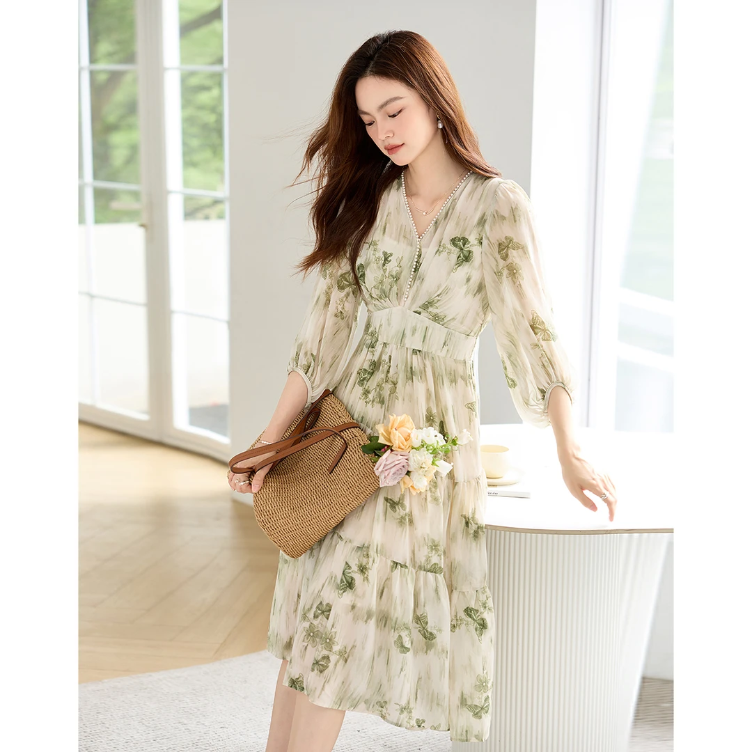 【小铃铛专属】V领七分袖收腰减龄A字裙AN24X2726