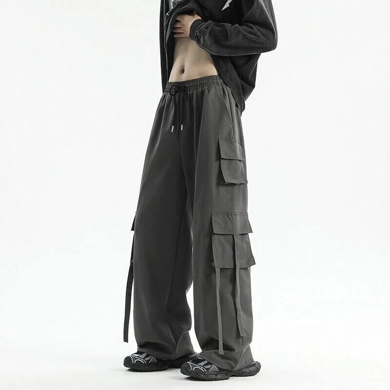 多口袋工装复古裤子美式宽松直筒飘带潮流阔腿休闲裤