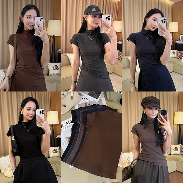 “气质百搭”半高领休闲纯色短袖T恤时尚修身内搭打底衫上衣251388#