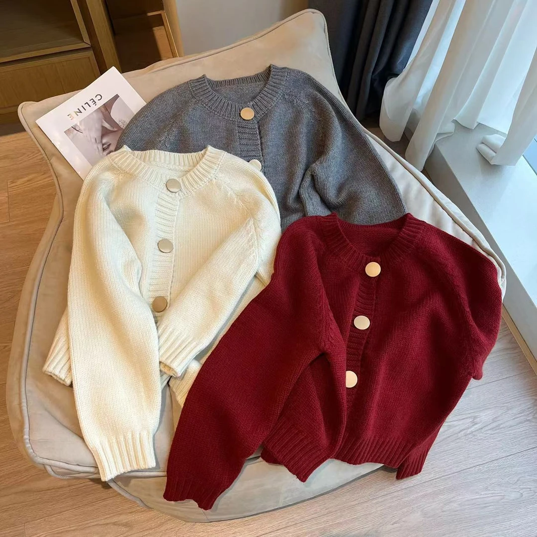 Barbie 辣酱  韩系单排扣时尚纯色小香风毛衣外套986