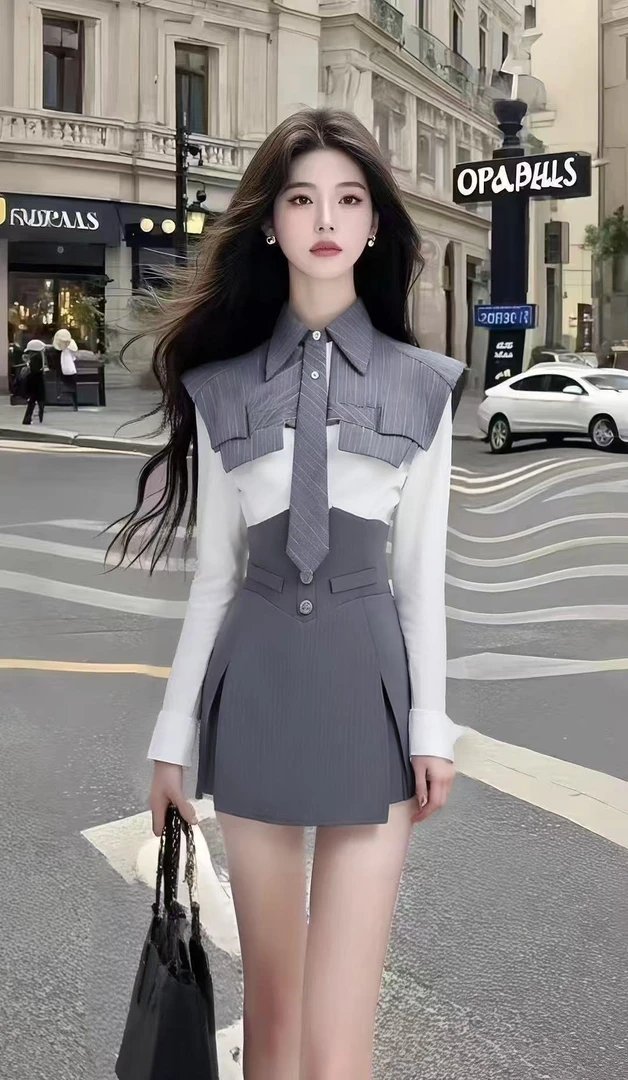 轻奢气质时尚休闲通勤风拼接不规则修身长袖连衣裙女氛围感短裙