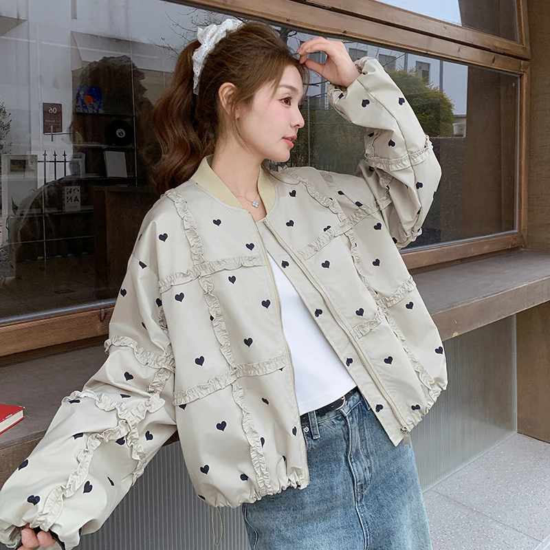木耳边爱心棒球服外套女春季2025新款韩版宽松短款小个子夹克上衣