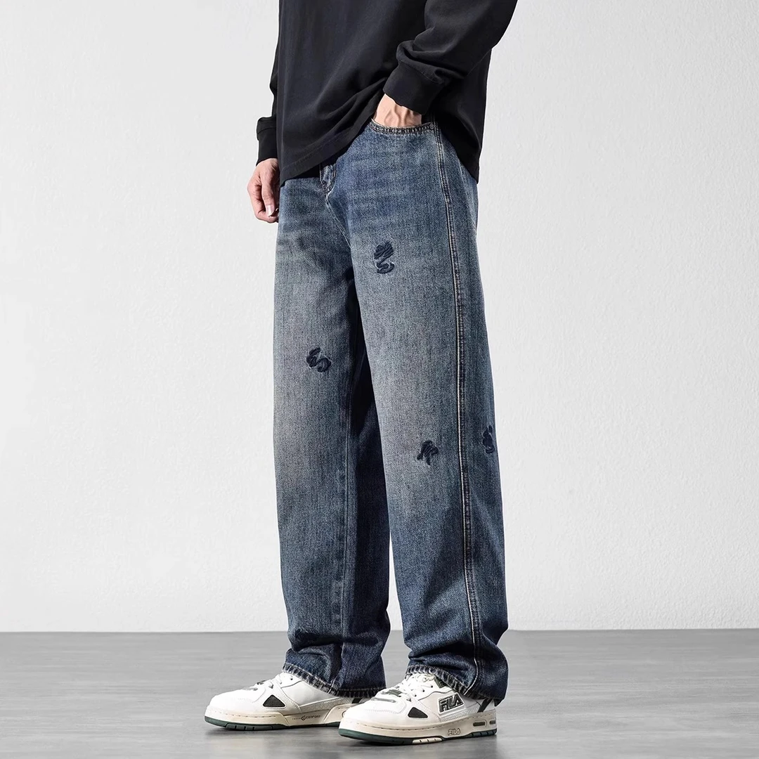 高端刺绣牛仔裤男款冬季百搭加绒直筒裤子男装时尚帅气宽松阔腿裤