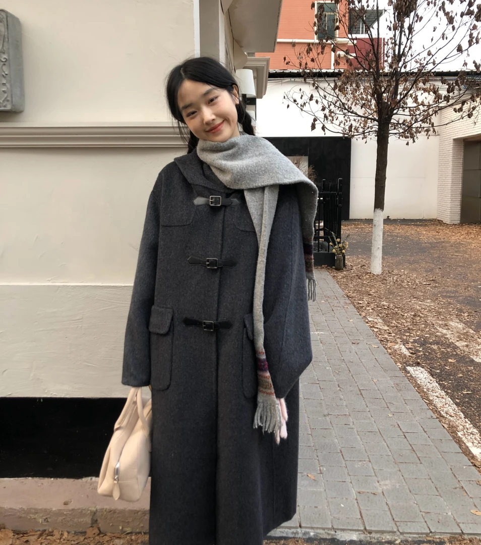 连帽牛角扣澳毛大衣女2025冬季新韩版中长款阔版双面羊毛加厚外套