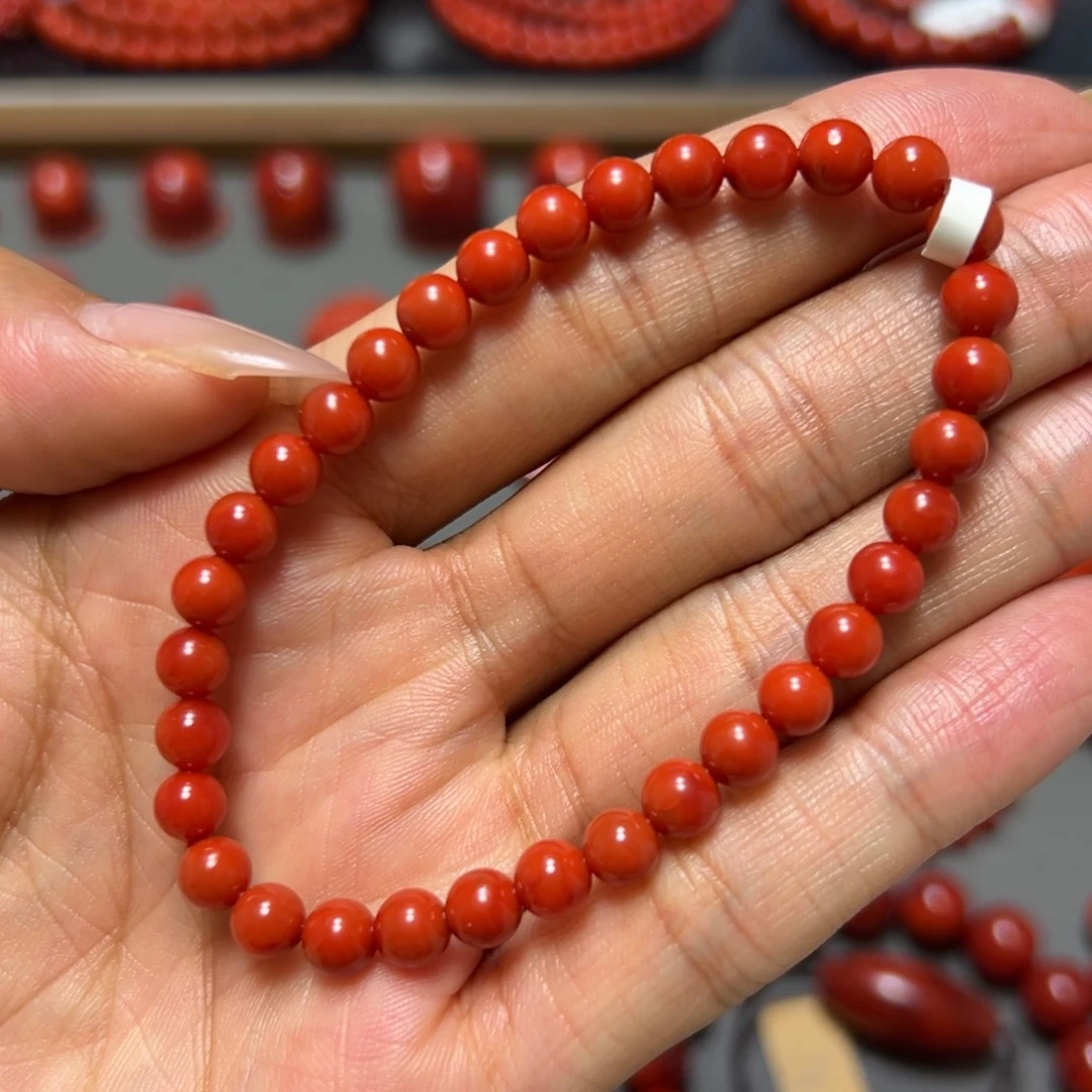 南红玛瑙未镶嵌手串 柿子锦 约5.6mm 满肉