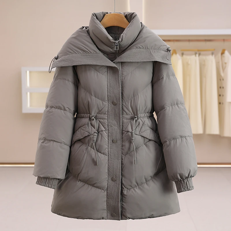 F8176-【麦】假两件立领抽绳收腰防风中长款羽绒服#SMY58H029