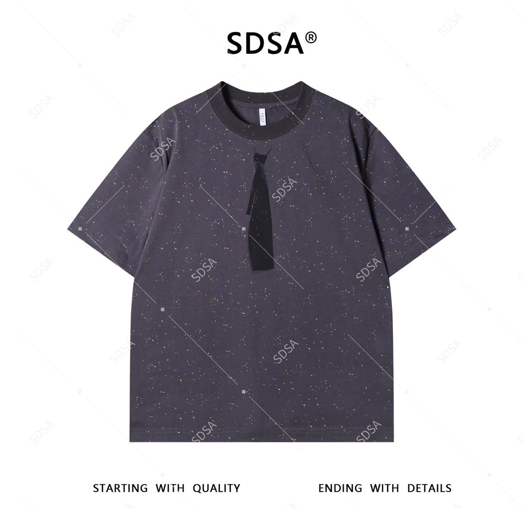 SDSA夏季新款男士痞帅潮牌泼墨领带印花圆领短袖T恤百搭时尚上衣