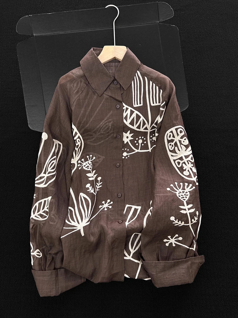 今年流行漂亮别致独特气质百搭上衣美拉德咖色印花长袖衬衫女早秋