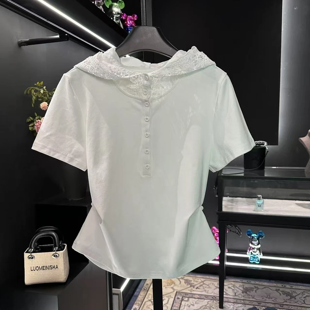 2025春夏装新款蕾丝拼接连帽短袖T恤女修身显瘦小众设计感上衣