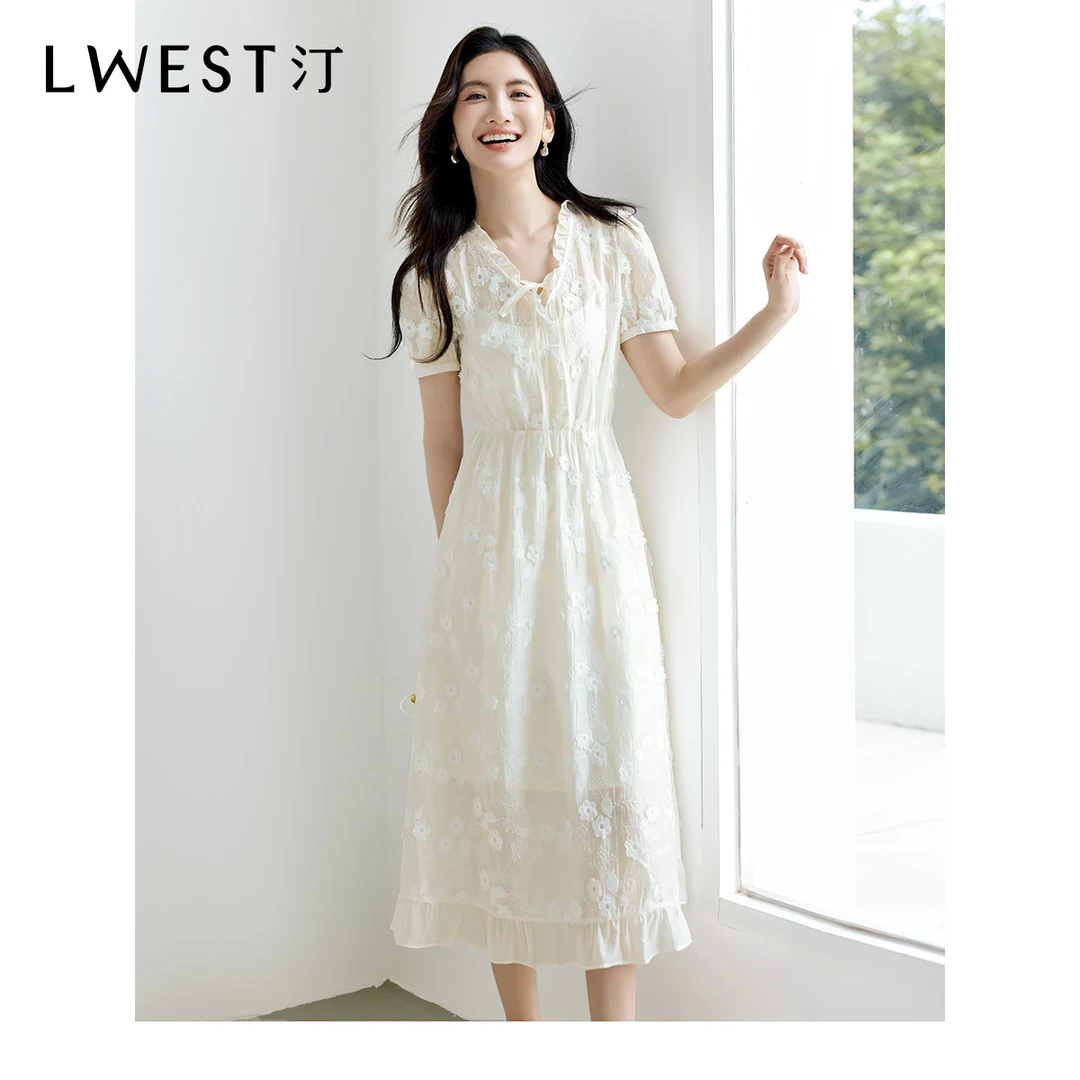 【备用链接】朗文斯汀木耳边系带领蕾丝绣花连衣裙DTYL4205C20025