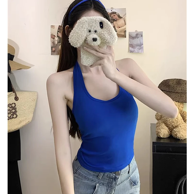 带胸垫挂脖吊带背心女2025新款夏季外穿美背短款修身辣妹无袖上衣