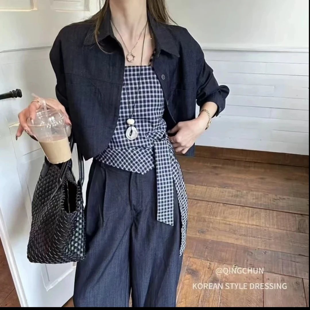 秋季新款韩版松弛感格纹吊带长袖短外套搭配高腰阔腿裤套装