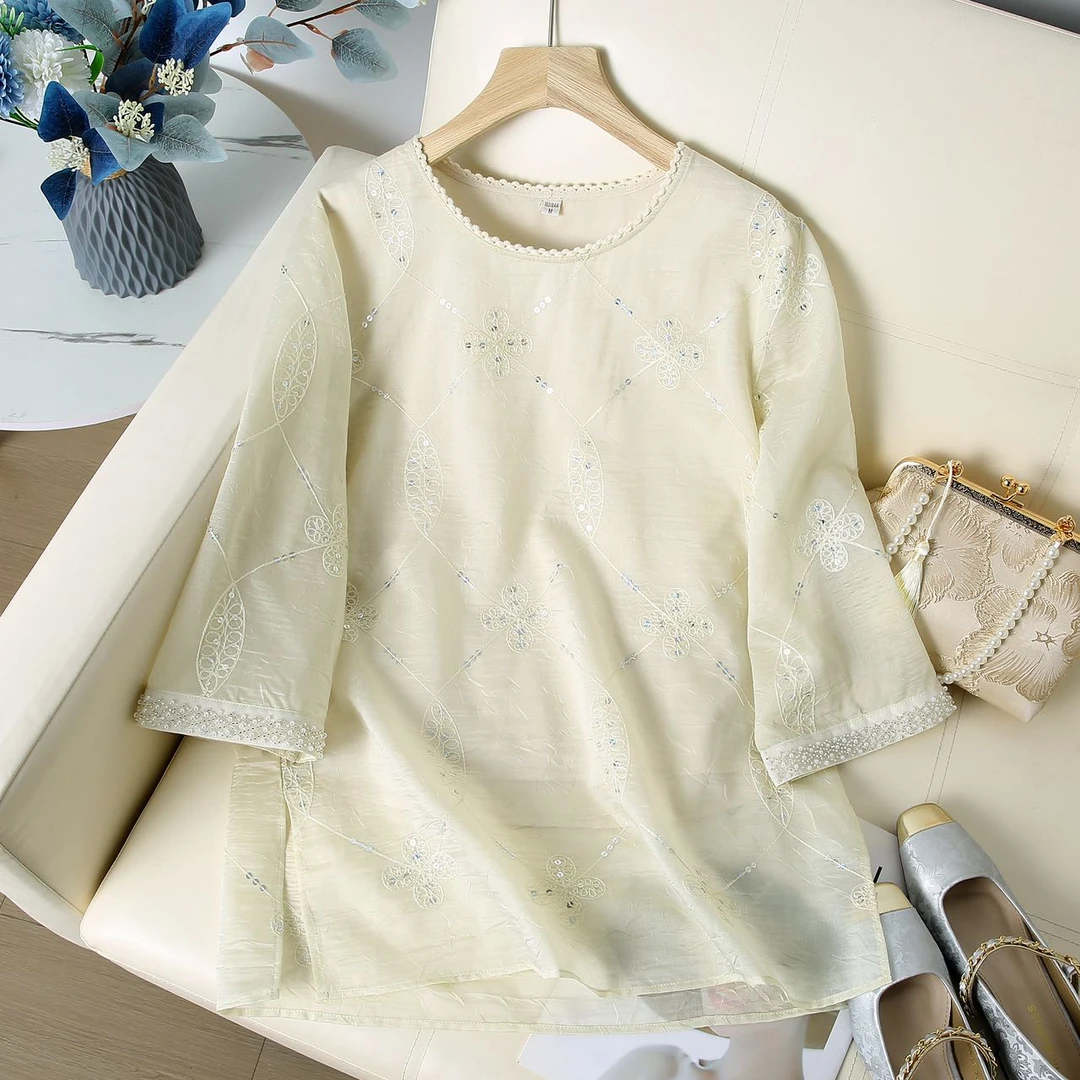 【四叶草七分袖】重工珠绣时尚减龄花边双层棉纱气质减龄早秋衬衫女