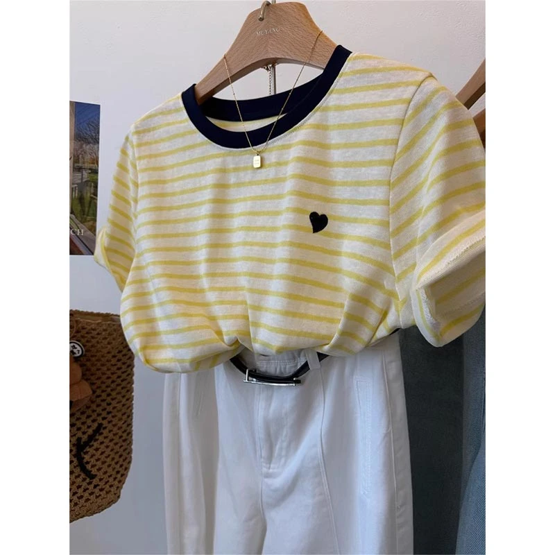 条纹小爱心撞色短袖T恤女2025年夏季新款韩系欧若风宽松休闲上衣